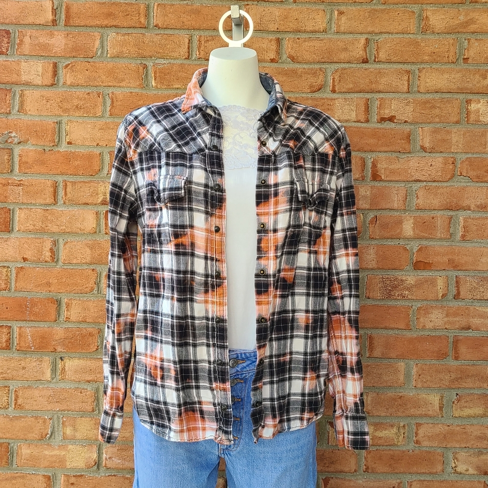 Custom tie dye Bleach plaid button up shirt